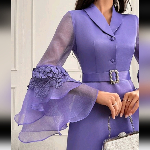 Shawl Collar Contrast Mesh With Belt Long Flounce Sleeve Arabian Modest Dress - Picture 2 of 5